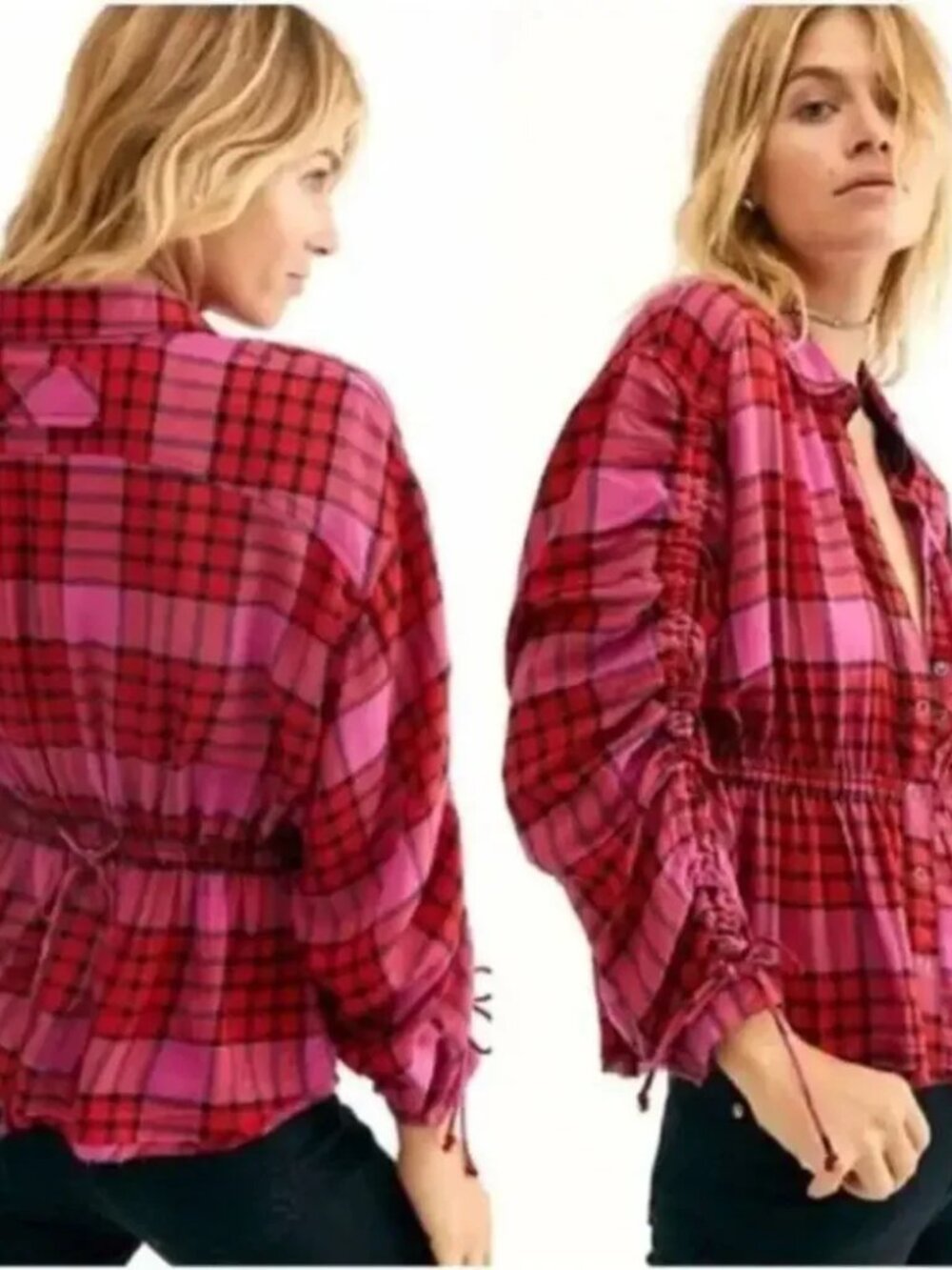 Free People Pacific Dawn Pink & Red Plaid Blouse